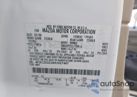 2008 Mazda Tribute I Sport из США, поврежденный, VIN 4F2CZ02Z28KM27467